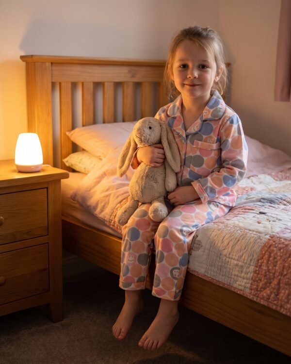Bunny Pebble Parade children's pyjama set, worn at bedtime
