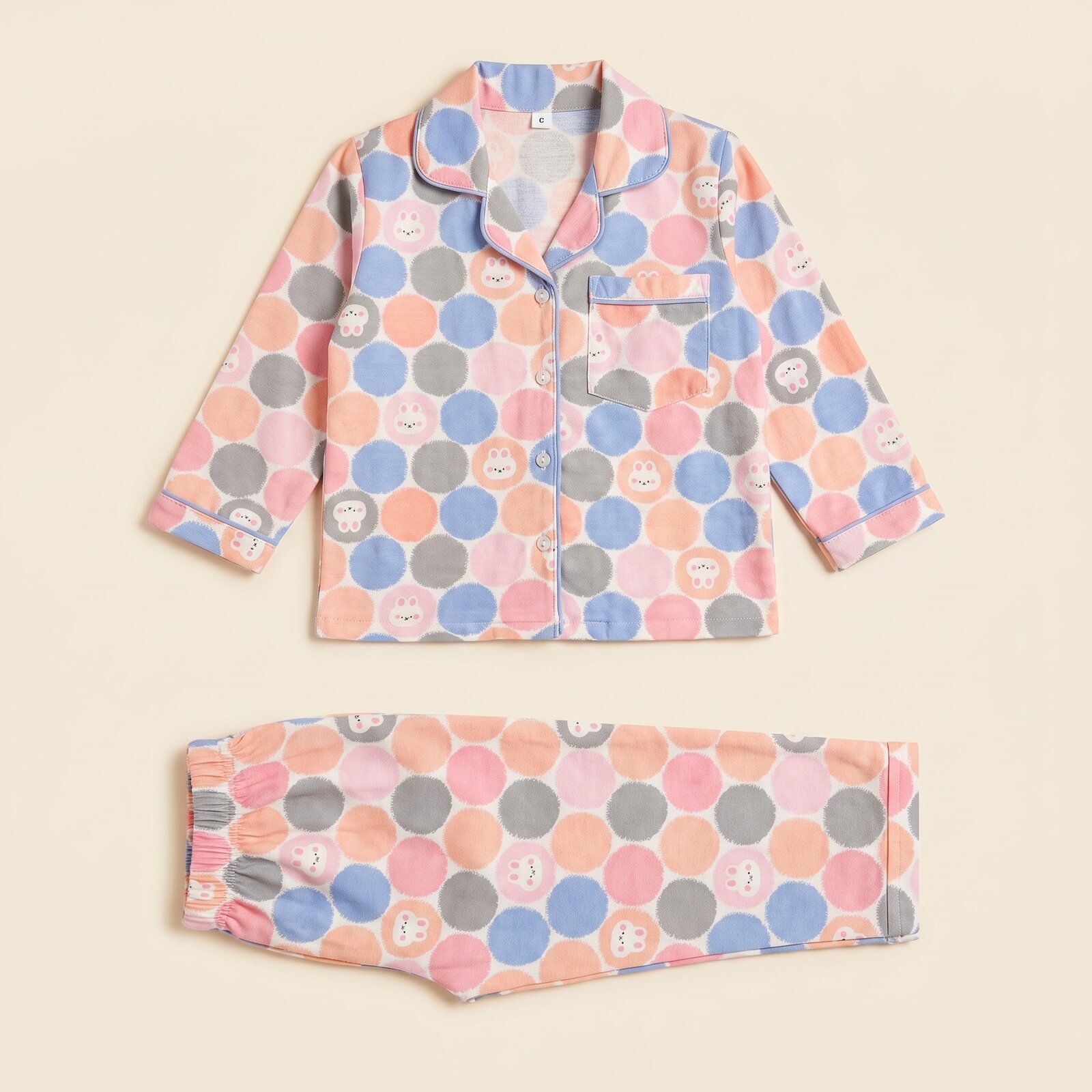 Bunny Pebble Parade pyjama set laid flat, top and trousers