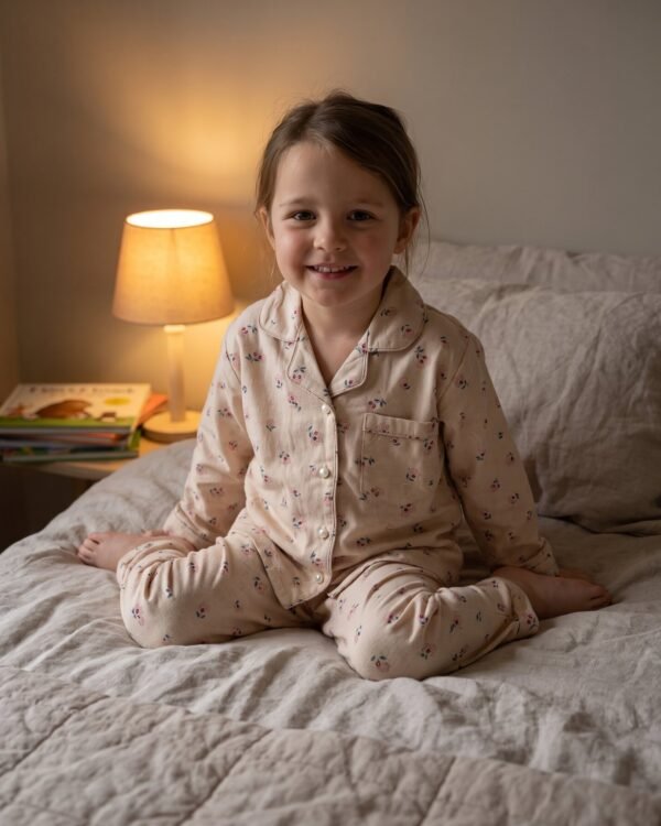 Little Rosebud children's pyjama set, worn at bedtime