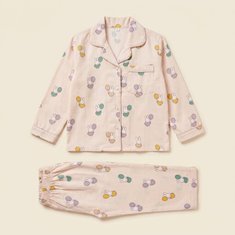 Bunny Balloon Days pyjama set laid flat, top and trousers