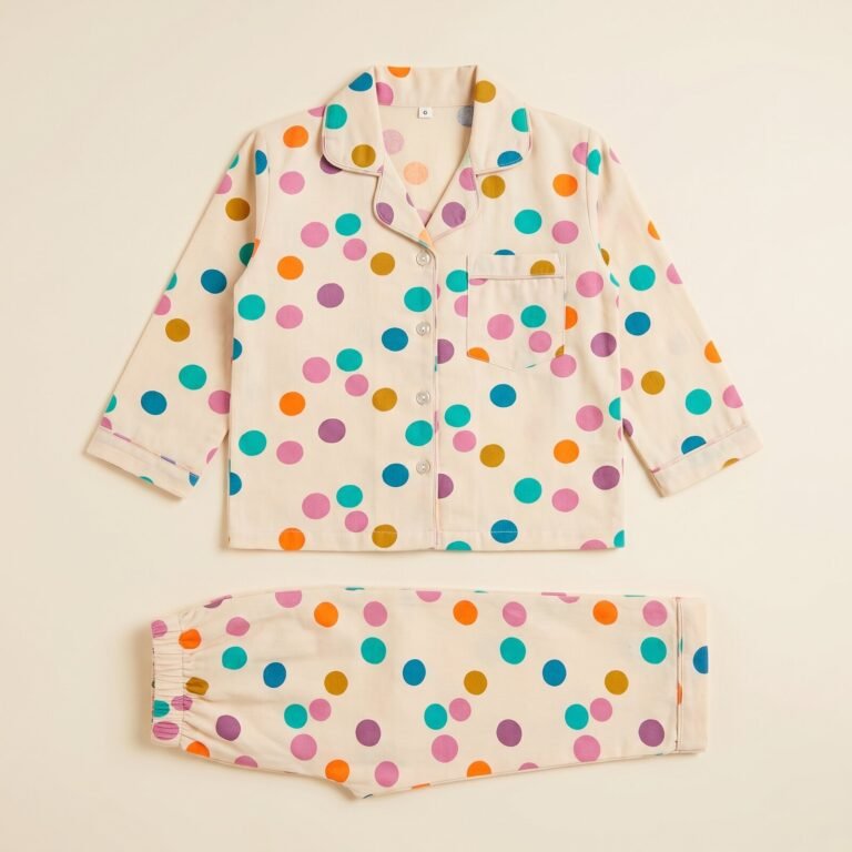 Playful Polka Nights pyjama set laid flat, top and trousers