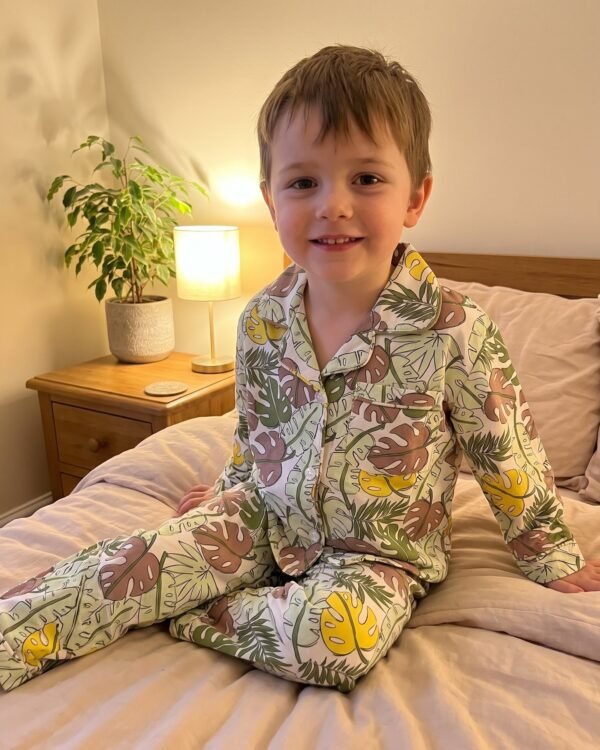 Jungle Jamboree children's pyjama set, worn at bedtime