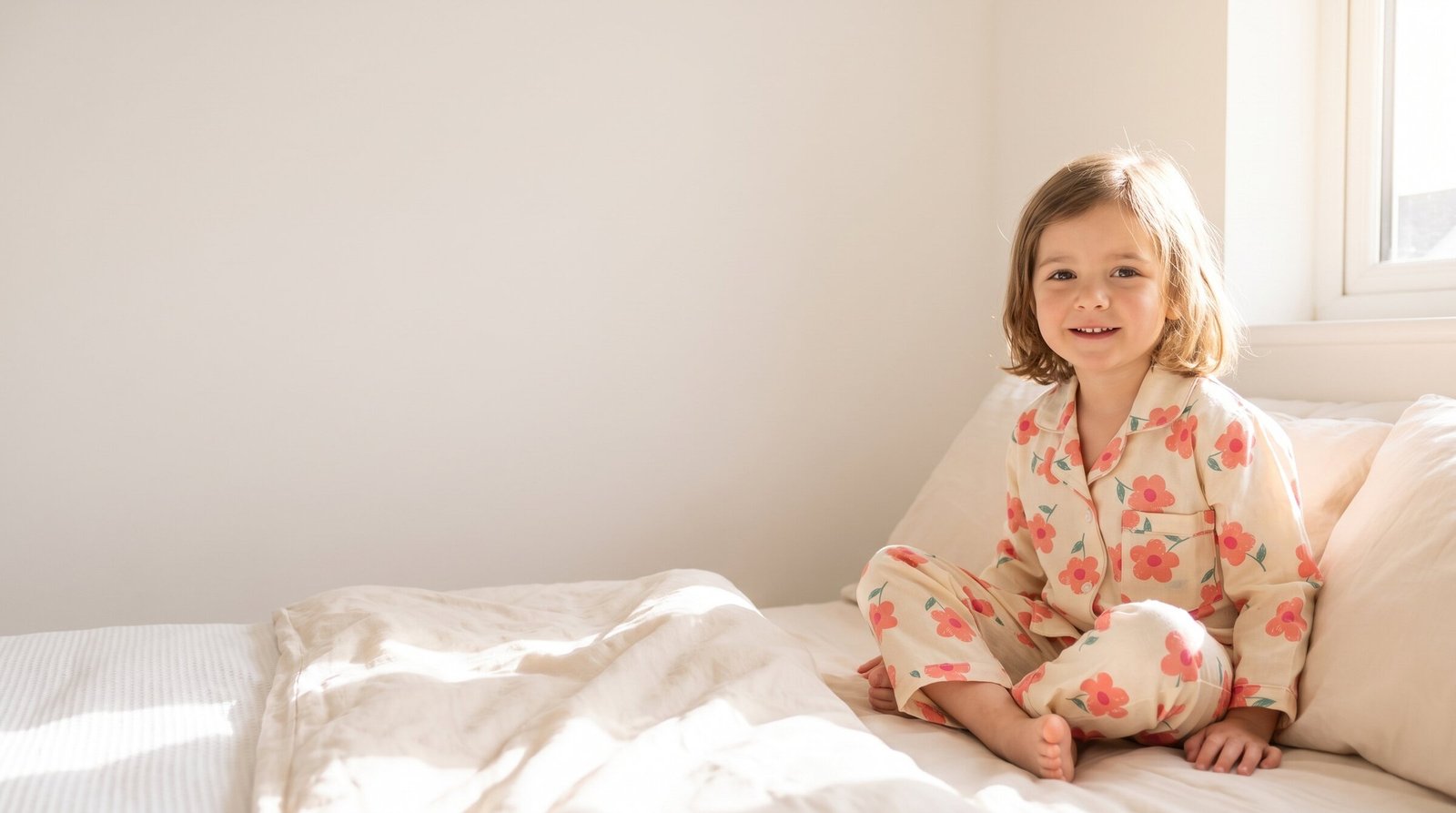 Child sitting on a bed in the Petal Parade pyjama set